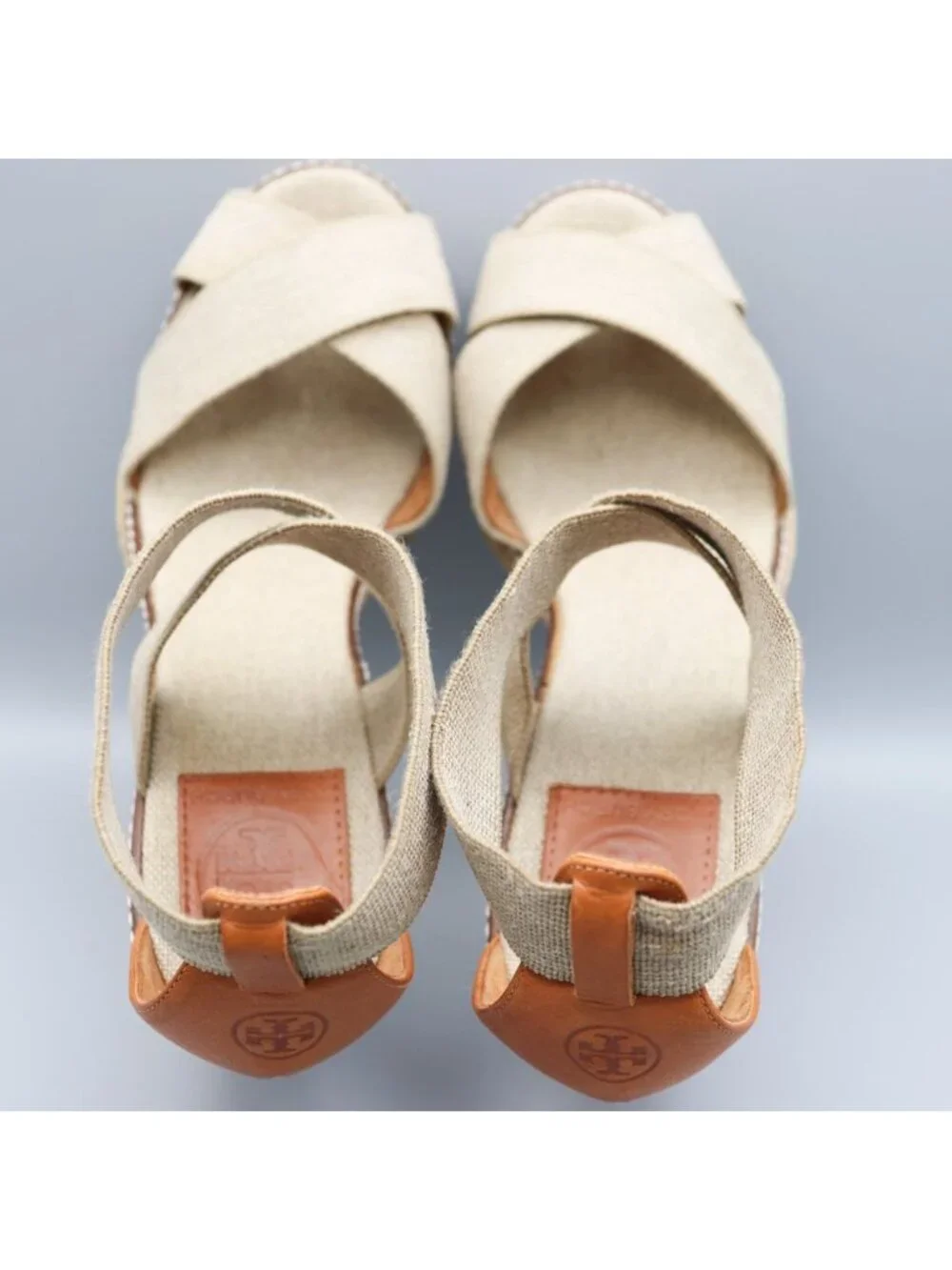 Tory Burch Frieda Platform Wedge Espadrille Sandals Beige Elastic Straps 9.5 B